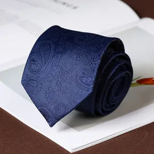 Classic mens navy blue paisley necktie, elegant silk texture tie for business formal events.