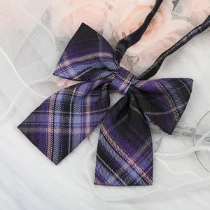 JK Japanese plaid bow tie collar accessory, purple ribbon for school uniform shirts.