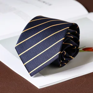 Classic navy blue tie with gold diagonal stripes, perfect for business formal wear.