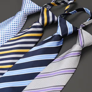 Close-up details of men's zipper ties featuring assorted striped and checked patterns.