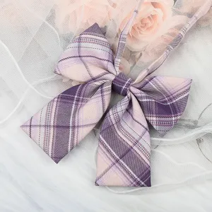 Purple plaid JK bow tie detail shot, exquisite ribbon design for shirts and sailor uniforms.
