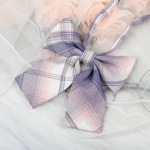 JK plaid bow tie detail with ribbons, featuring multi-color checkered fabric for school uniform.