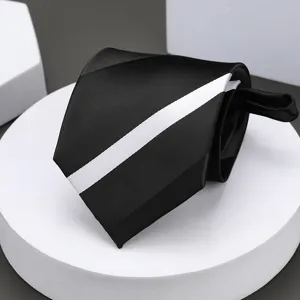 Classic mens black necktie featuring a stylish white diagonal stripe for formal business wear.
