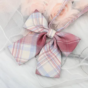 Japanese style JK plaid bow tie detail shot, showing fabric texture and ribbon accessory.