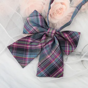 Exquisite JK uniform plaid bow tie detailed shot, stylish purple blue collar ribbon.