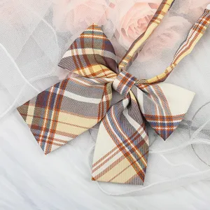 Detailed shot of Japanese JK style plaid bow tie collar accessory with ribbons for cute outfits.