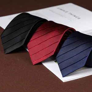 Classic striped men's necktie in black, red, and blue, perfect for business and formal suit wear.