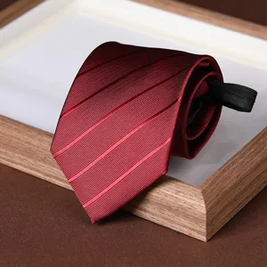Detailed view of burgundy striped zipper tie, perfect for formal business and wedding wear.