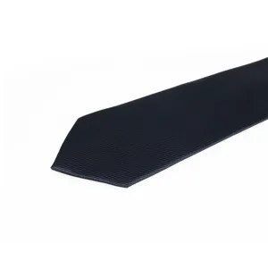 Detailed close-up view of dark navy blue necktie fabric texture and sharp tip design.