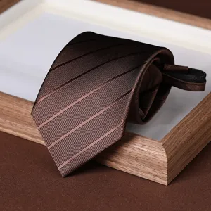 Brown striped zipper necktie for men, easy wear lazy tie, formal business suit accessory.