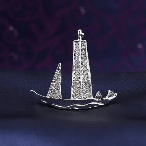 Crystal sailboat brooch for men, elegant silver tone metal lapel pin suit accessory.