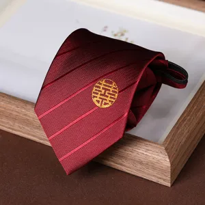 Wine red striped zipper tie for men business wedding groom necktie with golden embroidery