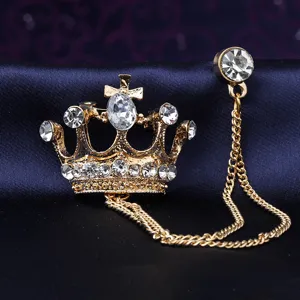 Vintage gold crown brooch rhinestone chain lapel pin accessory for men suit shirt decor detail view
