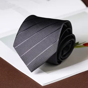 Men's stylish formal business dark grey striped tie detailed view for daily wear.