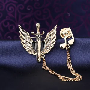 Vintage men's brooch sword wing heart lapel pin gothic suit shirt collar accessory with chain
