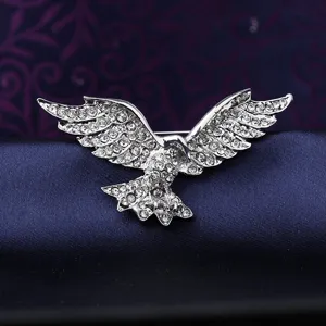 Close-up view of the retro rhinestone eagle brooch detail, exquisite suit lapel pin accessory.