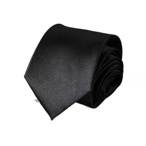 Classic black men's necktie rolled up neatly on white background, formal business wear main image.