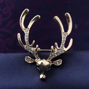 Exquisite deer head brooch detail shot, shiny rhinestones and gold alloy for men business suits.
