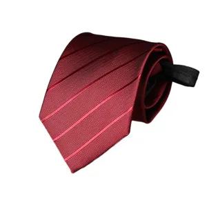 Burgundy striped zipper tie for men, 8cm wide formal business lazy necktie for wedding.