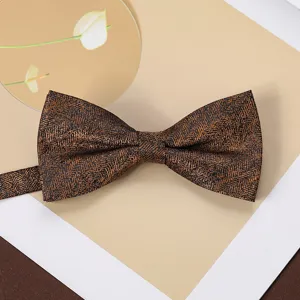 Brown herringbone bow tie for men, retro double-layer jacquard design for suits and wear.