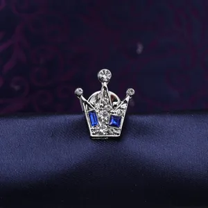 Retro Men's Crown Brooch Rhinestone Blue Crystal Lapel Pin Suit Collar Badge Accessory