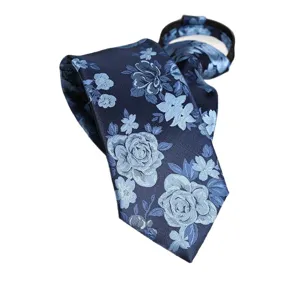 Men blue floral zipper necktie vintage business formal wedding pre-tied necktie 8cm