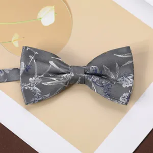 Elegant grey floral jacquard bow tie for men, perfect for business suits, vintage wedding wear.
