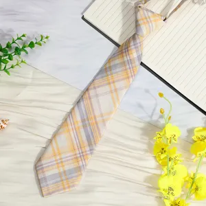 Yellow plaid necktie detail, pre-tied short JK uniform tie, college style student accessory.
