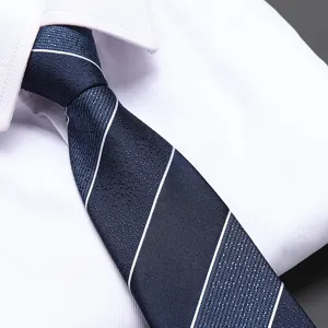 Classic men's navy blue striped necktie for formal business wear and wedding events.