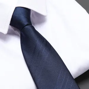Men's navy blue striped business necktie detail shot for formal dress and office wear.