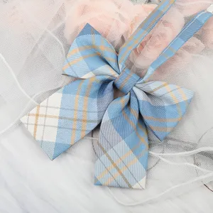 Blue plaid JK bow tie collar accessory for women, cute uniform ribbon for shirts.