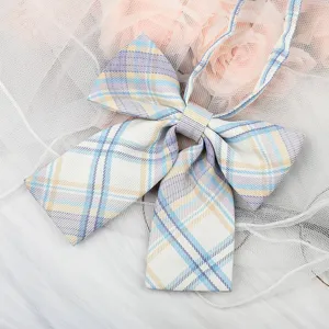 Detail shot of a JK Japanese style plaid bow tie with ribbons, perfect for shirt collar.