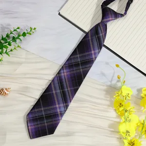 Purple plaid JK tie, pre-tied school uniform necktie, cute student accessory for daily wear.