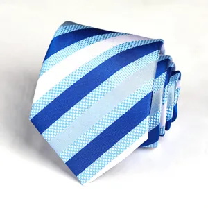 Blue striped men's necktie for business wear, classic diagonal stripes, elegant design.