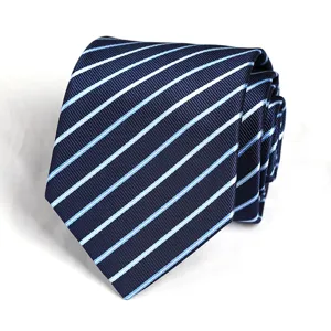 Close-up of classic navy blue necktie featuring neat light blue diagonal stripes texture detail.