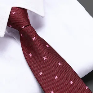 Burgundy red men's necktie with cute pink flower pattern, professional formal wear tie.