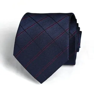 Classic navy blue plaid necktie with black and red grid pattern for business formal wear.