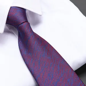 Detailed view of blue and red textured mens necktie showing fine fabric and elegant business style.