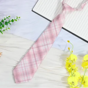 Pink plaid JK tie detail shot, short pre-tied student uniform necktie with cute preppy style.