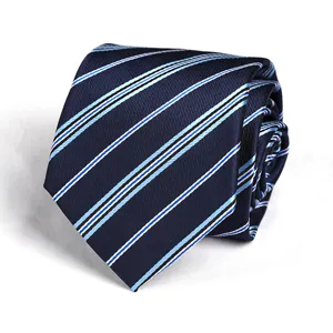 Close up of rolled navy blue striped tie showing fine fabric texture and diagonal lines detail