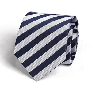 Classic blue and white striped necktie, elegant rolled design for business and formal wear.