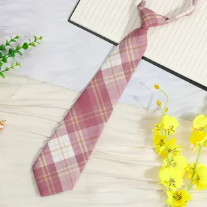 Pink plaid JK tie detail shot, pre-tied short necktie for school uniform blouse shirt.