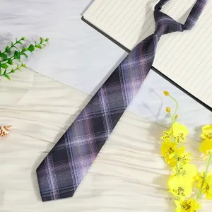 Detailed view of Japanese style plaid pre-tied necktie, purple grid pattern for academy style.
