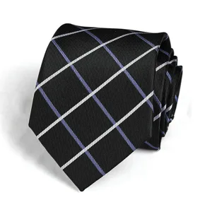 Classic black grid necktie detail view, premium fabric business formal wear accessory.
