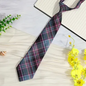 JK style plaid necktie for women, blue and purple tartan school uniform tie with neat pre-tied knot.