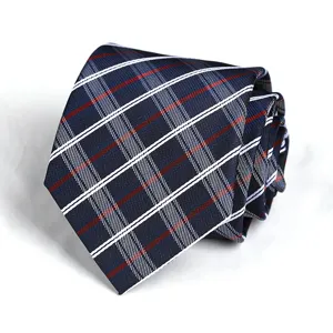 Classic navy blue plaid men necktie with red and white stripes for business formal wear.