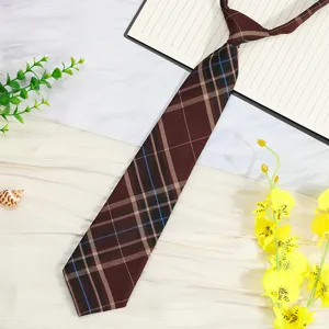 Brown plaid JK necktie detail, classic pre-tied design for stylish academy uniform looks.