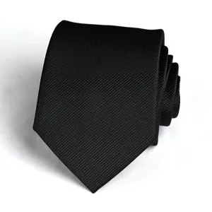 Detailed close-up of a classic black diagonal striped tie fabric texture for formal business wear.