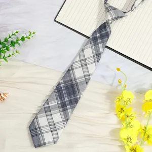 Detail shot of Japanese style gray and white plaid pre tied tie for uniform and daily style.