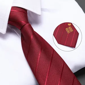 Red wedding necktie for men pre-tied zipper formal business groom red necktie with double happiness.